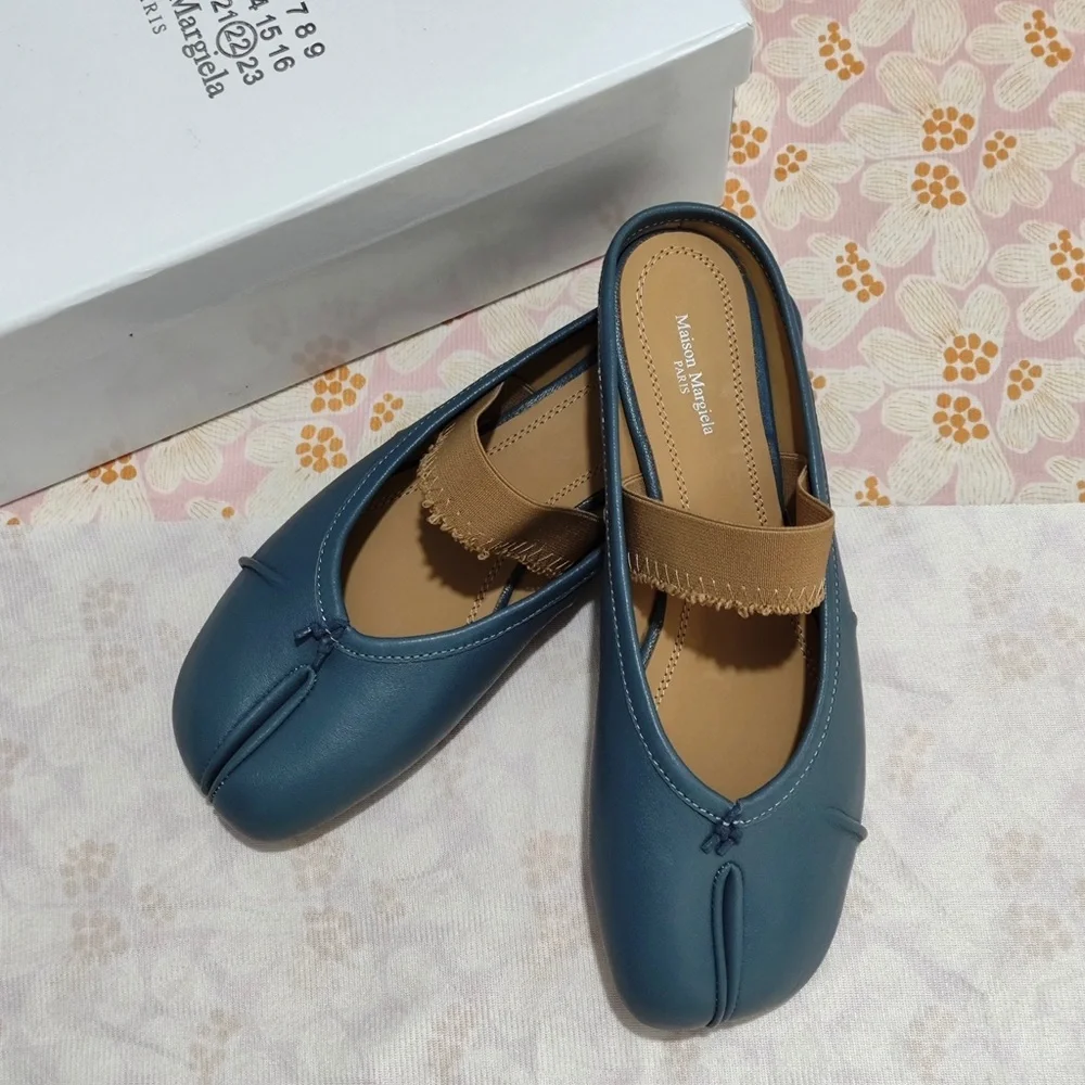 Maison Martin Margiela Teal Blue Leather Tabi Flats with Tan Strap